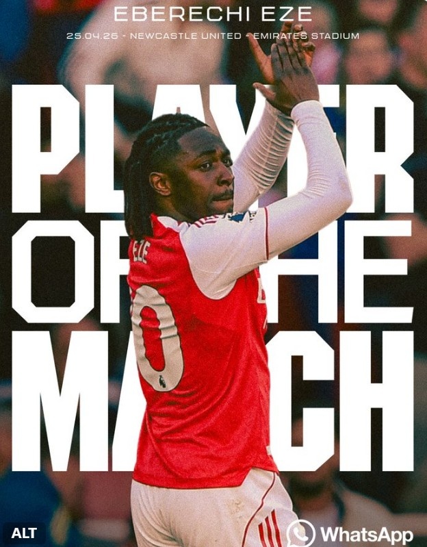 mk体育直播-打入制胜球，官方：埃泽当选阿森纳1-0纽卡队内最佳球员